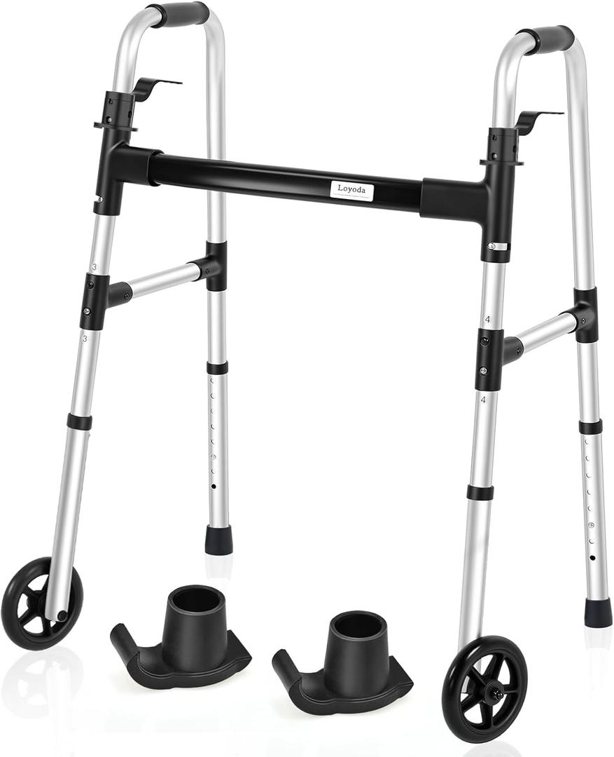 Walker for Seniors, Lightweight Compact Folding Standard Walking Frame with 2 Skis and 5 Wheels, Adjustable Height, Supporting Up to 350lbs, FSA/HSA Eligible, Black (Walker with Skis)