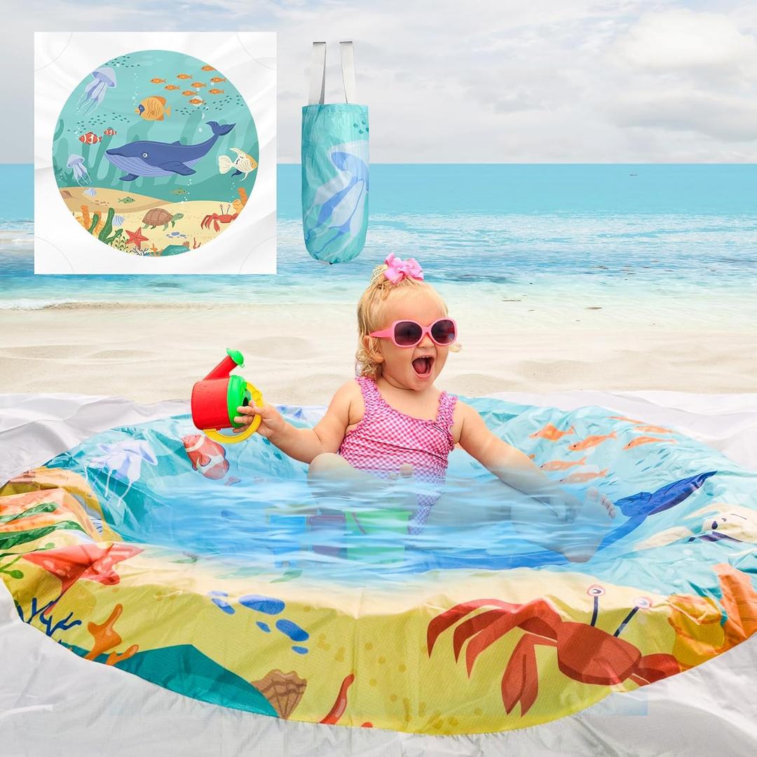6.5 X 6.5Ft Baby Beach Pool, 2 in 1 Square Portable Cartoon Ocean Theme Toddler Beach Puddle, Waterproof Sandproof Cute Toddler Paddling Pool Beach Blanket with Carrying Bag for Boys Girls