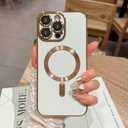 OOK Magnatic Case for iPhone 16 Pro Case [Compatible with MagSafe] Full Camera Lens Protector Gold Electroplate Edge Soft TPU Shockproof Protective Phone Case for Women Men 6.3 Inch - White