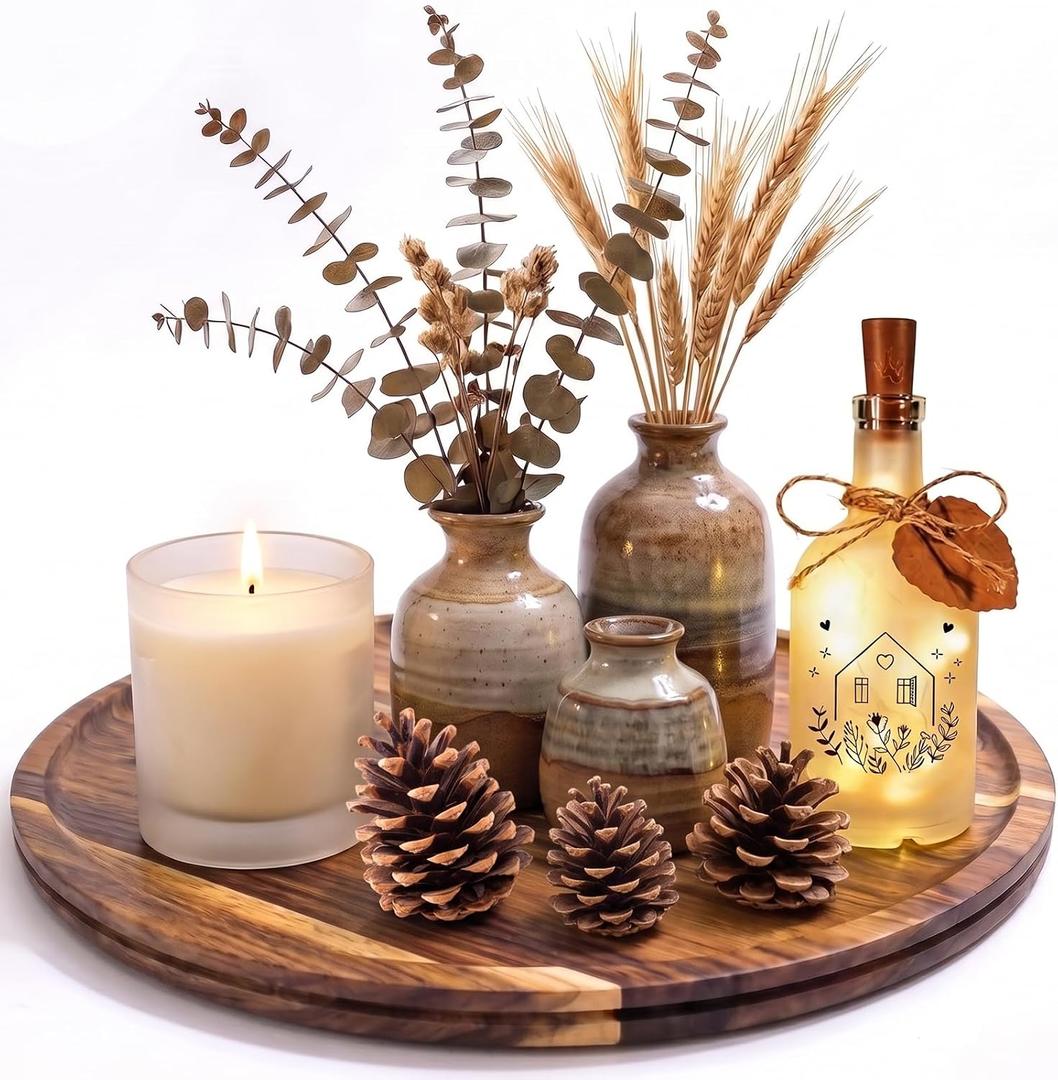 14.1" Round Wooden Serving Tray Large Wood Decor Tray Coffee Table Living Room Kitchen Counter Ottoman Tray Circle Candle Holder Decorative Trays