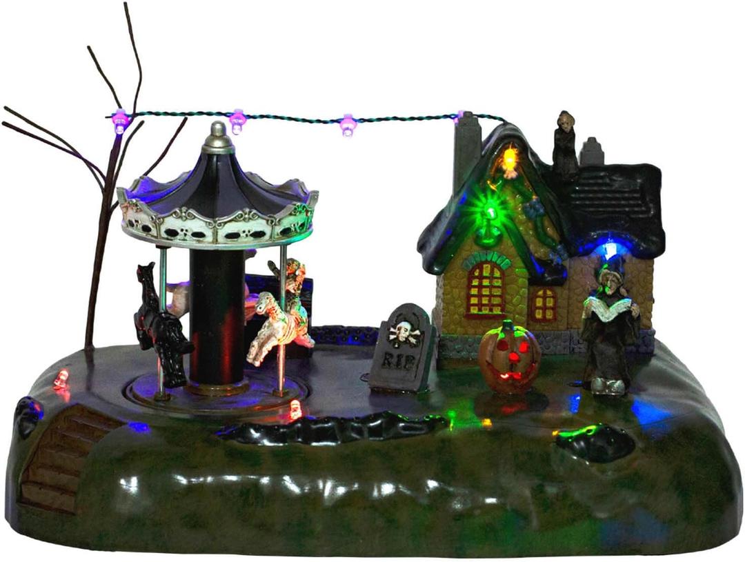 innodept12 Animated Halloween Carousel Village House, LED Spooky Festival Display Collection Battery Operate, Indoor Use only