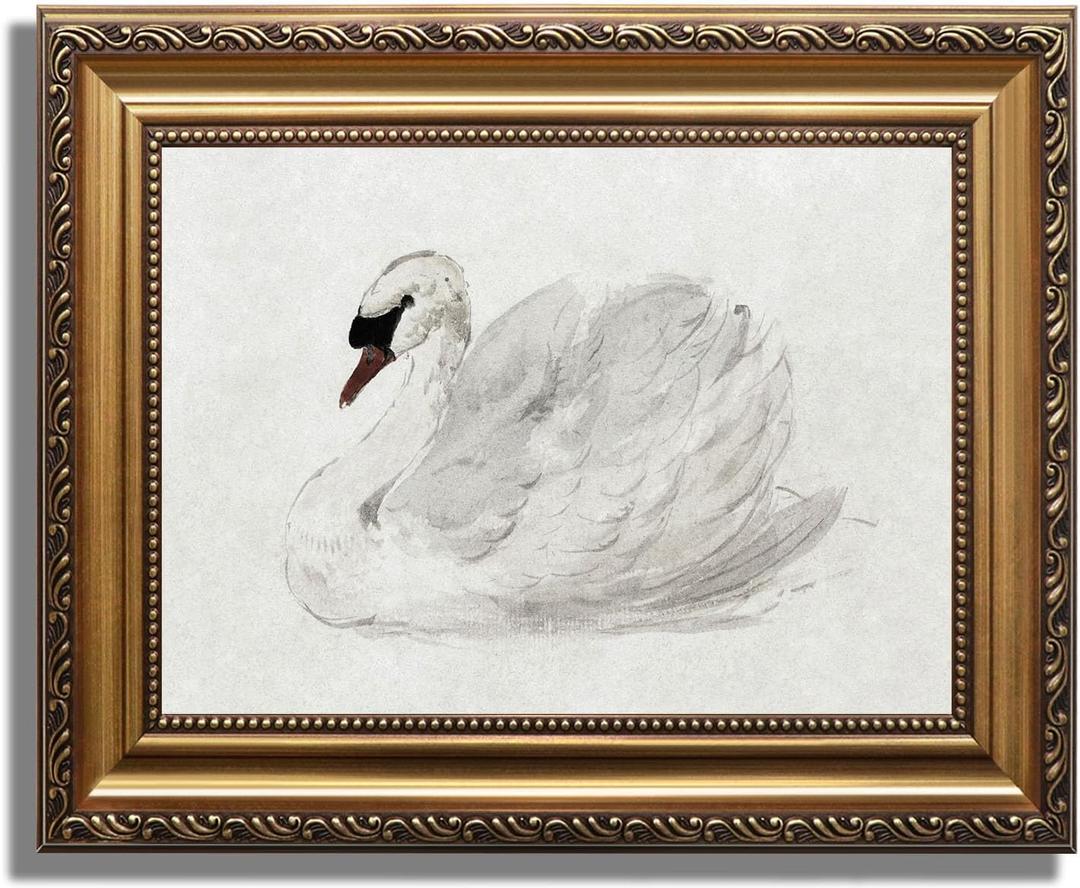 ASTRDECOR Vintage Gold Framed Wall Art for Bedroom Decor, Swan Canvas Wall Art Prints, White Zwaan Oil Painting Wall art for Living Room, Classical Animal Art for Bedroom Bathroom Decor - 9" x 12"