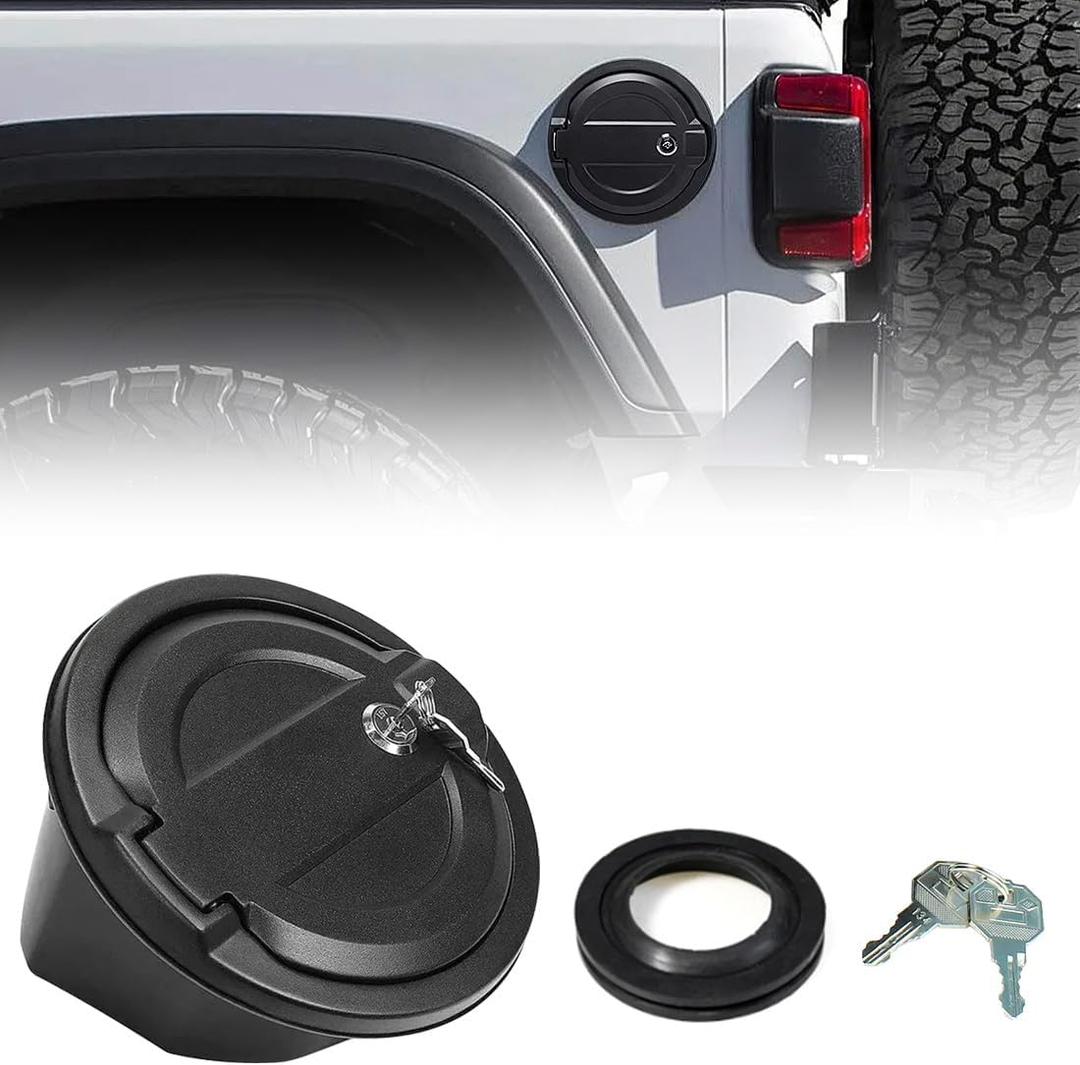 Gas Cap Cover with Locking Black Fuel Gas Tank Cap Cover Rplacement Compatible with Jeep 2018-2024 Wrangler JL