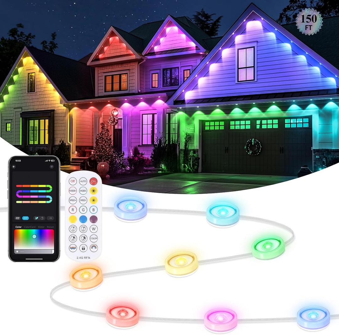 Brightever 150FT Permanent Outdoor Lights for House, RGBIC Outdoor Light with 90 Scene Modes&75 LED Lights, Smart Christmas Decor for Outside, IP65 Waterproof House Light for All Year Decoration