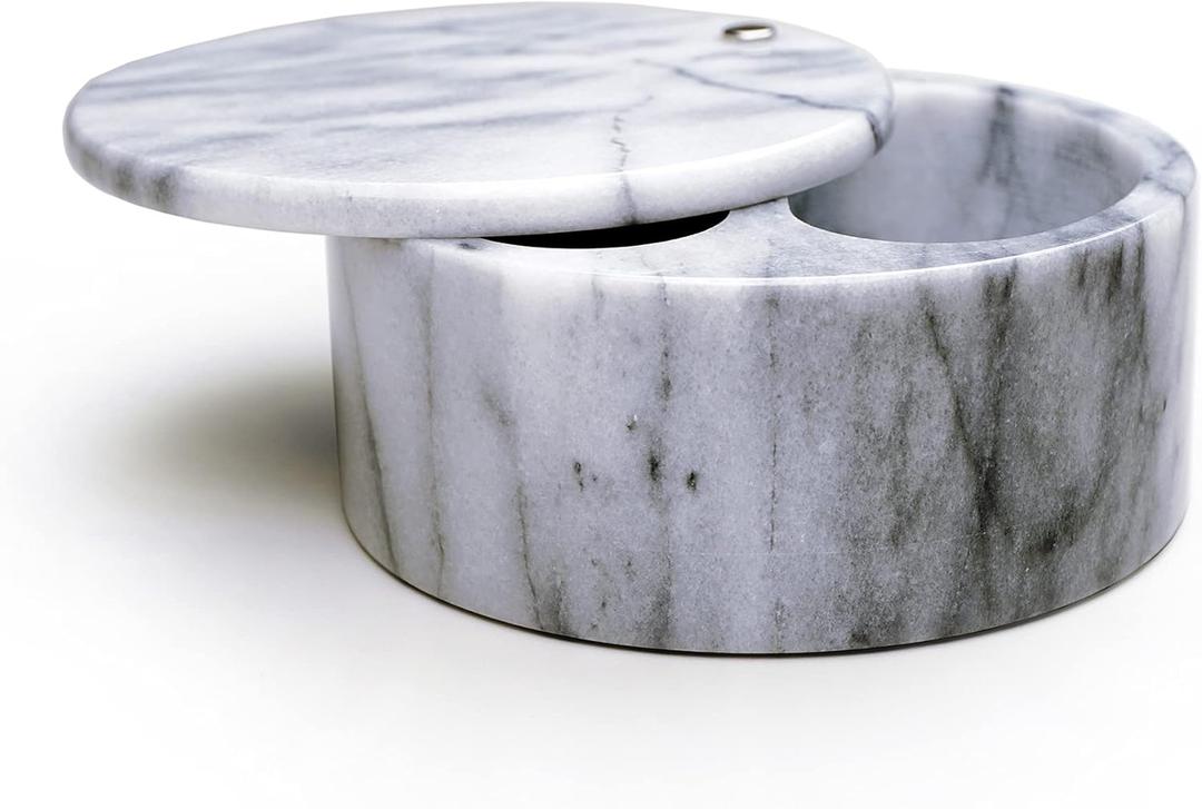 RSVP International Dual Compartment Box | Chic & Modern Herb Container | 10 Ounces Total | Swivel Top Protects Salts | Beautiful, Solid Marble, 5", White