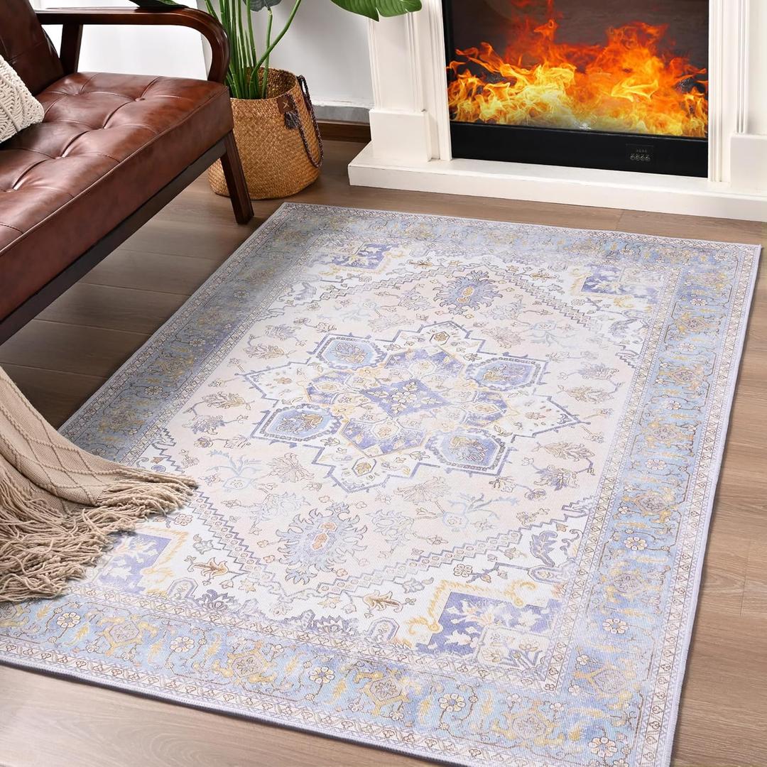 ST. BRIDGE Soft Area Rug 3x5, Washable Vintage Rug for Bedroom Kitchen Dining Room, Non-Slip Low Pile Entryway Rugs, Colorful Accent Rug Floor Carpet for Living Room Office Home Decor, Blue/Purple