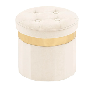 Small Ottoman with Storage, Folding Round Ottoman with Gold Trim, Velvet Storage Stool, Foot Stool with Soft Padded, Foot Rest for Living Room 13“x13”x12.4 (Beige, 1pcs)