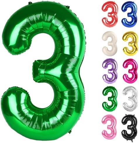 Green Number 3 Balloon 40 Inch, 3 Balloon Number, 3rd Birthday Decorations, Green Party Supplies for Boys Girls