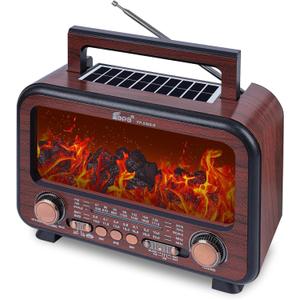 Retro Portable Radio AM FM SW Shortwave Radio with Bluetooth Speaker,Flame Atmosphere Lamp Battery Operated, SUB Charging, TF Card (Dark Brown)
