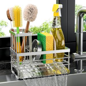 Cisily Sink Caddy Sponge Holder for Kitchen with Brush Holder and Stainless Steel Self Drain Tray, Rustproof Kitchen Sink Organizer for Sponge, Soap Dispenser Storage Accessories (Stainless Steel)