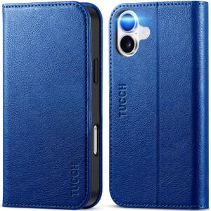 TUCCH Case for iPhone 16 Plus, PU Leather Flip Wallet Stand Folio Cover with [RFID Blocking] [3 Credit Card Slot] Shockproof [Soft TPU Interior Case] Compatible with iPhone 16 Plus, Klein Blue