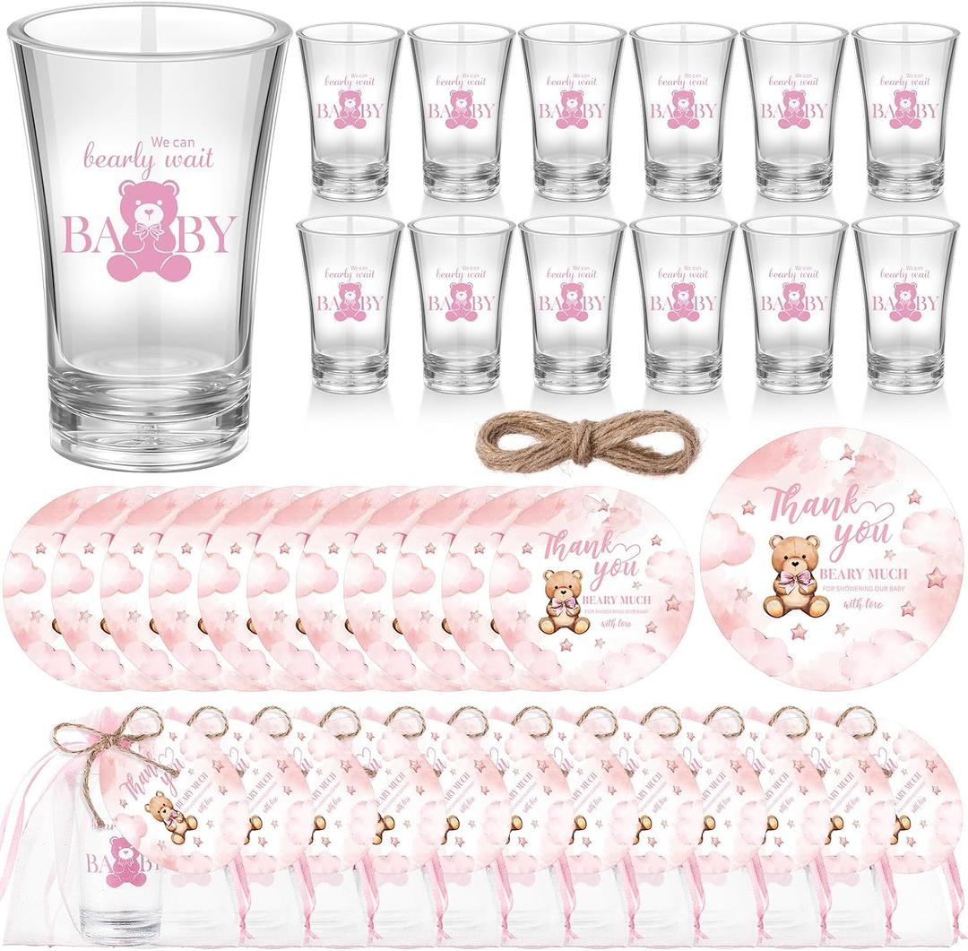 Funnymoom 50 Sets Pink Teddy Bear Baby Shower Decorations Girl We Can Bearly Wait Party Favors Birthday Gifts for Guests Acrylic Clear Shot Glasses Thank You Tags with Organza Bags for Gender Reveal