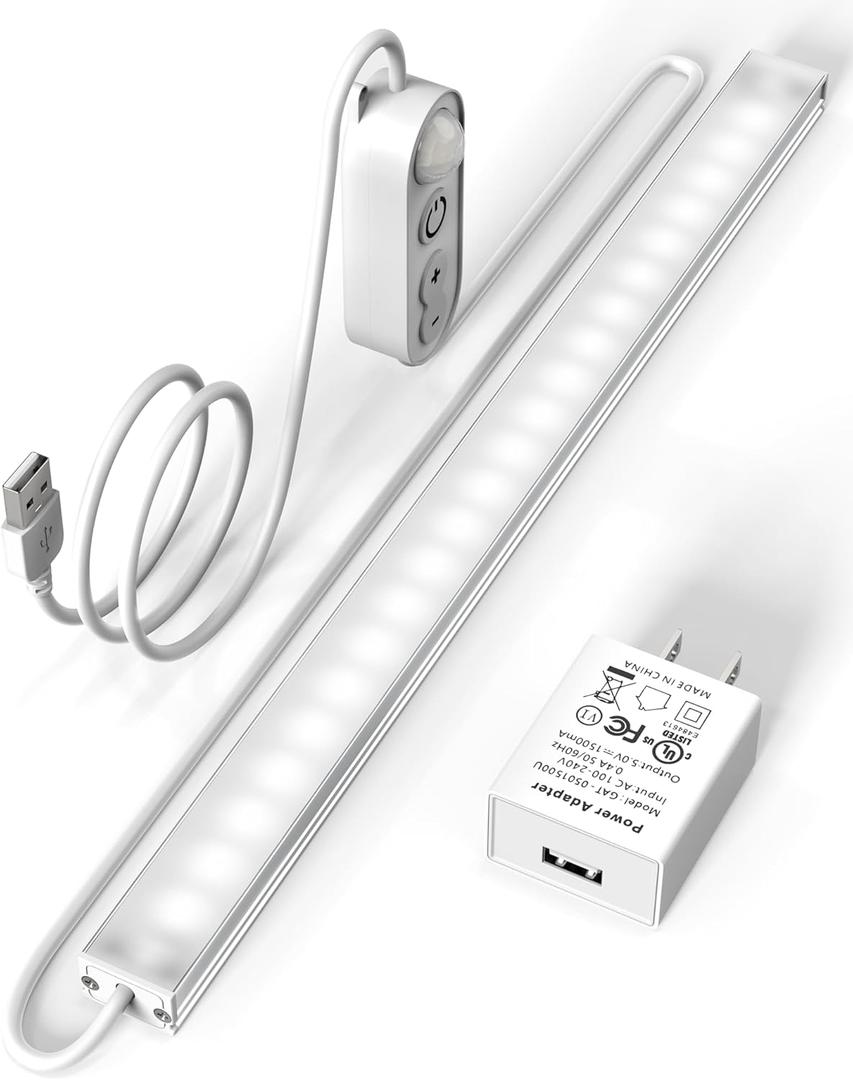 ASOKO Motion Sensor Dimmable Led Under Cabinet Lighting,12 inches Plug in Led Counter Light Bars, Cool White 6000K Light Bar for Kitchen/Closet/Wardrobe/Shelf/Desk/Display Case