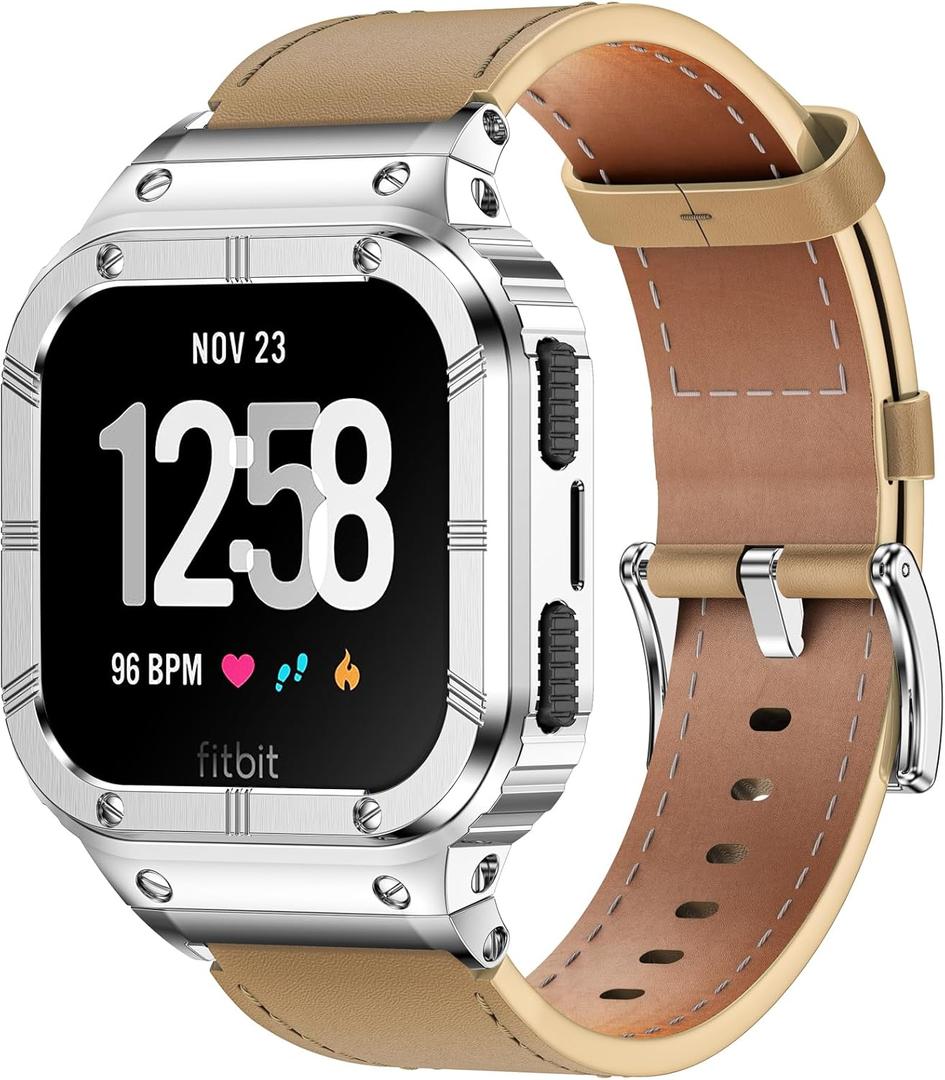 Leather Bands with Stainless Steel Case Compatible with Fitbit Versa 1 2 3 4 Lite Sense 2 1 Protective case for men (Brown/Silver Case)