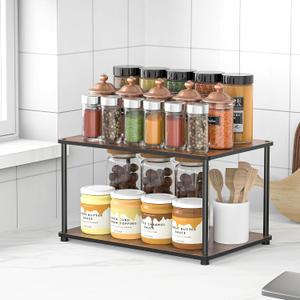 Countertop Spice Rack, Stackable Wood & Metal Pantry Cabinet Shelf Organizer Storage, 2-Tier Multi-Use for Kitchen Bathroom Desktop Home Office, Rustic Brown