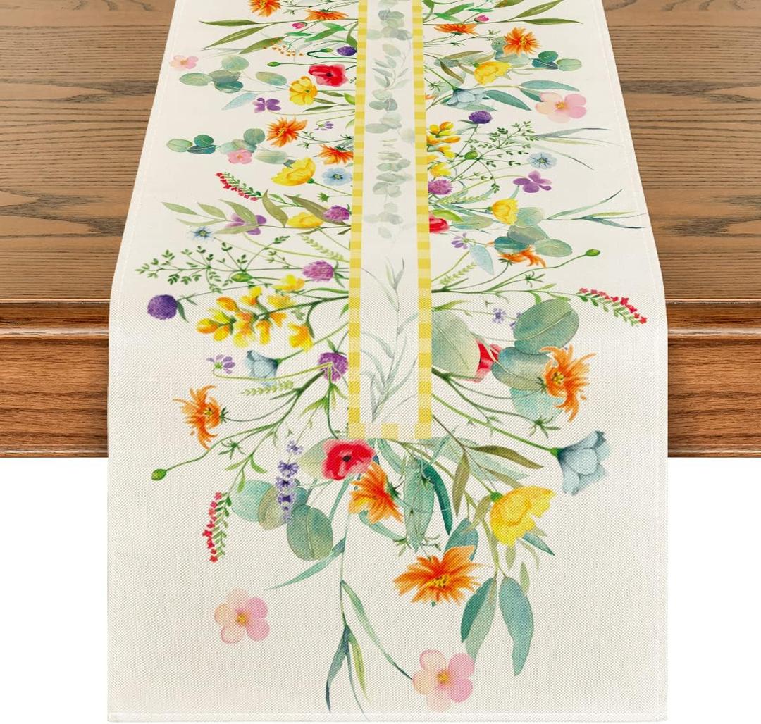 Artoid Mode Flower Floral Table Runner, Spring Summer Seasonal Kitchen Dining Table Decoration for Indoor Outdoor Home Party Decor 13 x 36 Inch (Green)