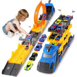 Truck & Cars Toy Set for 3 4 5 6 7 8 Years Old Boy Kids Birthday Gift, 57 Inch Spliceable Deformating Carrier Truck Playset with 360 Degree Rotating Race Track and 4 Race Cars (X-Large)