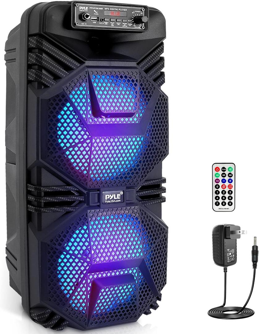 Pyle Bluetooth PA Speaker System - 600W Rechargeable Outdoor Bluetooth Speaker Portable PA System w/ Dual 8 Subwoofer 1 Tweeter, Microphone In, Party Lights, USB, Radio, Remote - Pyle PPHP2836B