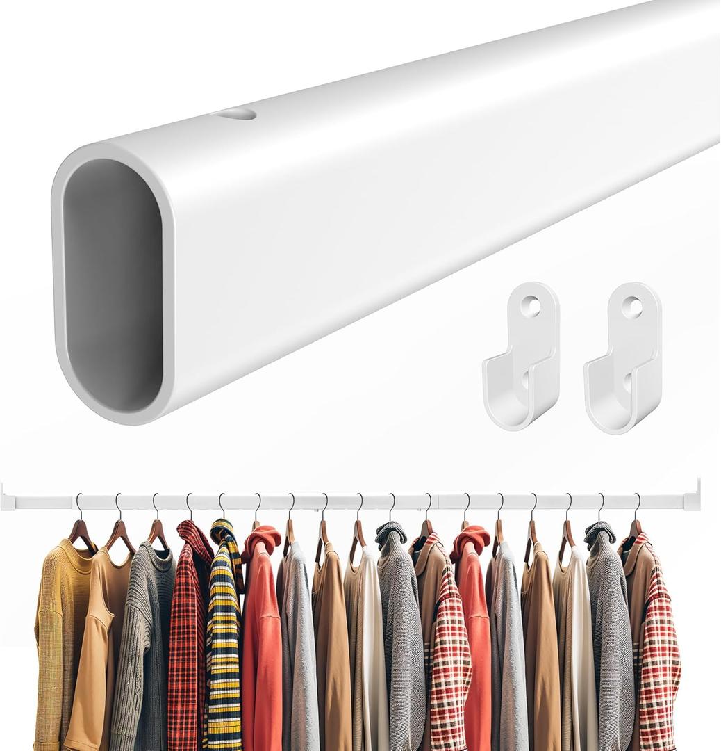 Qval Closet Rod for Hanging Clothes - 1.1" X 0.76" Narrow Closet Pole 18 to 87 Inches Adjustable, with End Supports, Ultra Sturdy & Heavy Duty, Easy to Install, White Closet Bar for Wardrobes