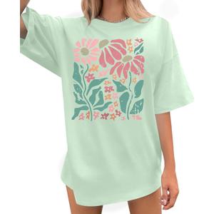 Boho Oversized Shirt Women Vintage Floral Shirts Daisy Flower Tshirt Wildflower Graphic Tees Casual Loose Tops (Green, S)