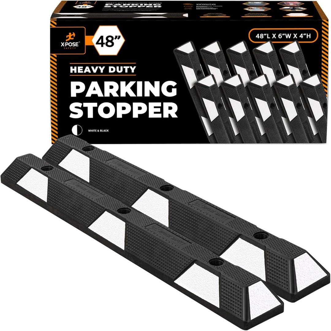 Xpose Safety Parking Stopper for Garage - 48" Heavy Duty Rubber Car, Bumper Stop for Floor, White Reflective Strips, Removable Driveway, Ramp Wheel Block for Cars