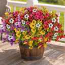 CLEANGOR 48 Pcs Artificial Flowers for Outdoors (6 Color) | UV Resistant Artificial Outdoor Plants, Fake Daisy with Eucalyptus Leaves, for Spring Summer Garden, Porch, Home Decor
