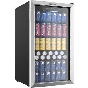 EUHOMY Beverage Refrigerator Cooler, 128 Can Mini Fridge with Glass Door for Soda Beer or Wine, Beverage Cooler for Home, Office, Bar with Adjustable Removable Shelves, Silver, 3.2 CUFT-Flat Shelf
