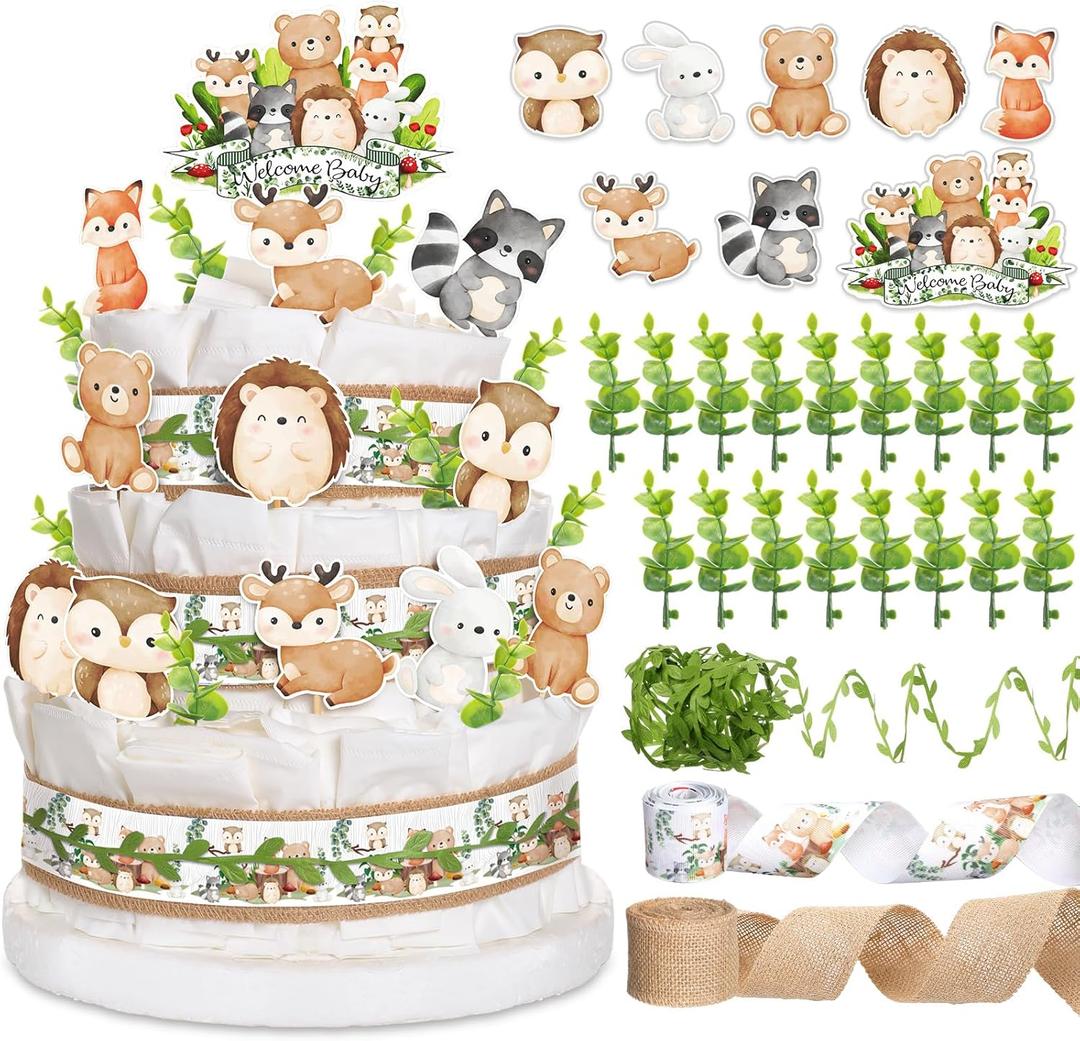 Woodland Baby Shower Decorations DIY Diaper Cake Kit with Neutral Forest Animal Burlap Sage Green Leaf Ribbon Leaves Welcome Baby Gender Reveal Party Decor Mommy Gift(Card)