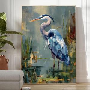 Blue Heron Canvas Wall Art Sea Bird Canvas Print Egret Artwork for Walls Great Blue Heron Painting Vintage Crane Print Watercolor Bird Artwork Crane Pictures Beach Animal Painting 16x24inch No Frame