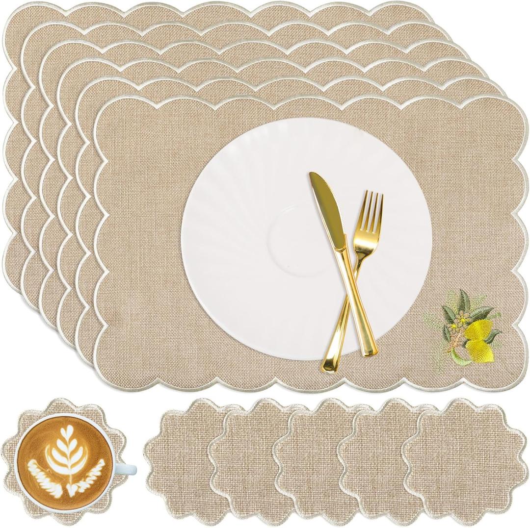 Set of 12 Lemon Cotton Linen Placemats Coaster, 12 x 17 Heat Resistant Embroidery Scalloped Placemats, 4" Summer Kitchen Coaster Double Layered Rustic Dinner Table Decoration(Linen and White)
