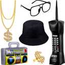 Sumind 6 Pcs 80s 90s Hip Hop Costume Outfit Kit Inflatable Radio Boombox Necklace Ring Sunglasses Hat Rapper Accessories (Black)