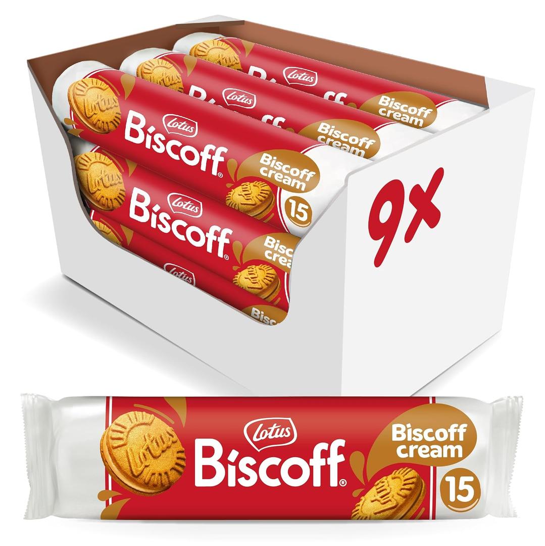 Lotus Biscoff Sandwich Cookies, Biscoff Cream, 15 Cookies per pack, 5.29 Ounce (Pack of 9)