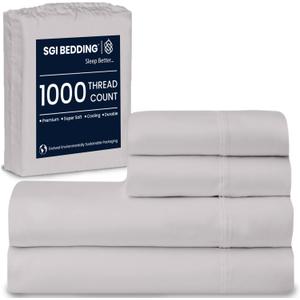 SGI 1000 TC Egyptian Cotton King Sheet Set  Premium Luxury 4-Piece Hotel Bedding, Ultra-Soft, Breathable, Cooling & Silky-Smooth, 16 Deep Pocket, Durable, Fade-Resistant & Elegant Silver Sheets