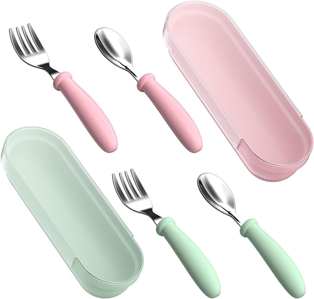 Toddler Utensils, Kids Stainless Steel Silverware Set, Toddler Forks and Spoons, Baby Utensils Set with Storage Box for Self Feeding Safe, Dishwasher Safe (2 Set with Case)