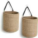 WILLITAT Hanging Basket 2 Pack, Small Wicker Wall Baskets for Organizing, Woven Boho Wall Hanging Decor, Indoor Plant Holder, Cotton Rope Door Organizer, Shelf Storage Bin, 7"D x 8"H (Jute)