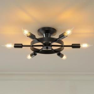 6-Light Matte Black Semi Flush Mount Ceiling Light,Farmhouse Industrial Close to Ceiling Lamp with E12 Base,Modern Metal Ceiling Light Fixture for Hallway,Entryway,Bedroom,Kitchen