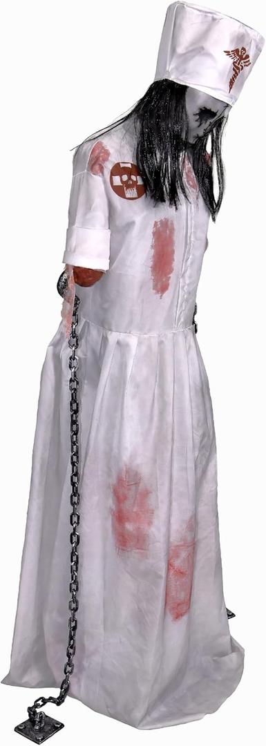 Haunted Hill Farm Life-Size 5.2-Ft Animatronic Convulsing Nurse by Tekky Halloween Decoration with Motion-Activated Sounds