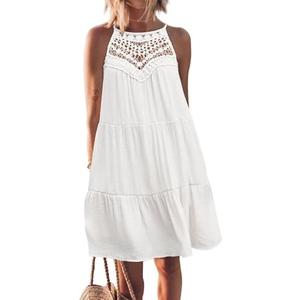 FARORO Womens Sleeveless Summer Beach Short Dresses Hollow Out Halter Coverup Casual A Line Sundress with Pockets XXL, White 