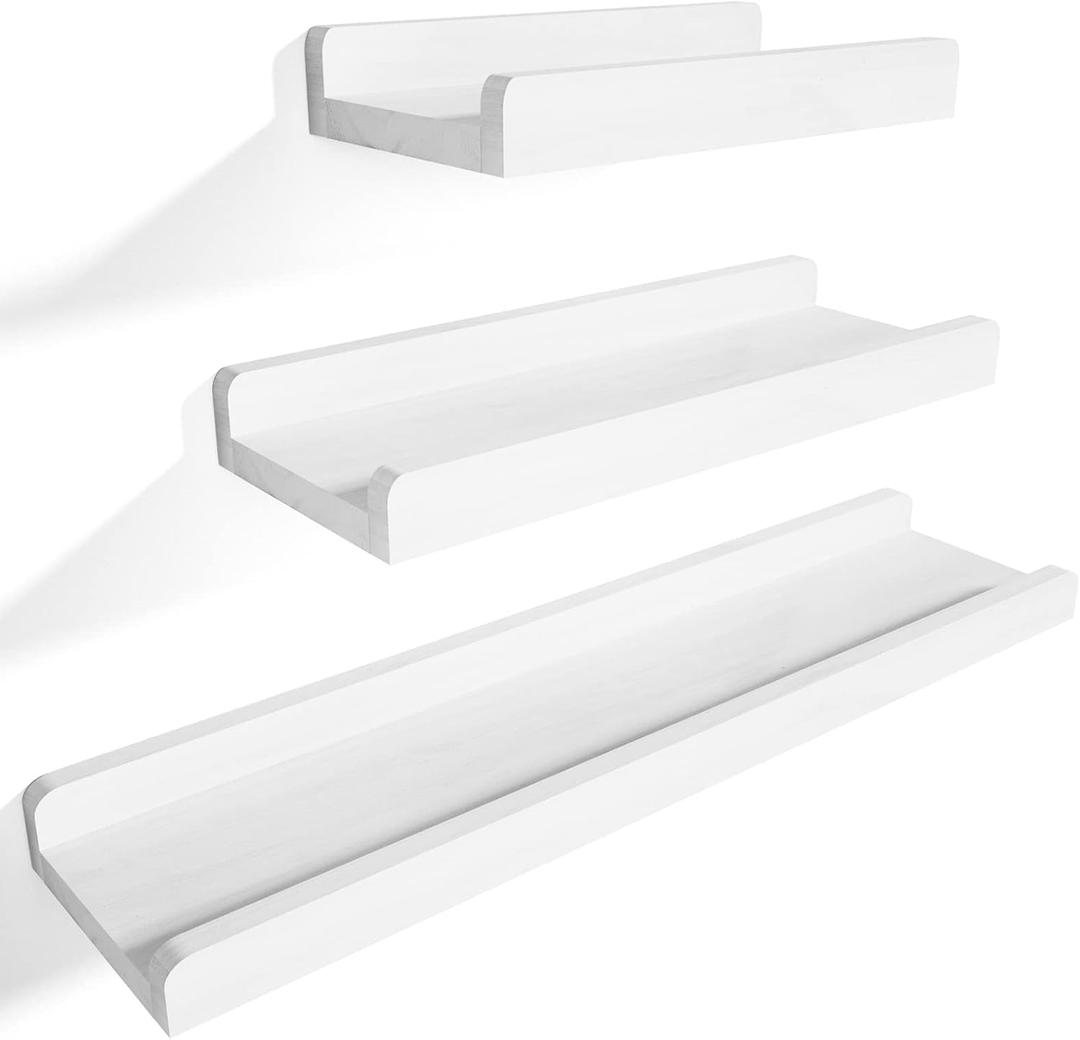  White Floating Shelves, Large Floating Shelves Wood for Wall Storage, Wall Shelf for Bedroom, Living Room, Bathroom, Kitchen, Office and More, Set of 3, Size 30x3, 24x3, 18x3 in