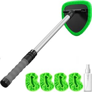Windshield Cleaning Tool - Extendable Handle Car Window Cleaner with 4 Reusable Cloth Pads, Auto Glass Wiper Kit for Interior & Exterior, Ideal for Dirty Car Windows
