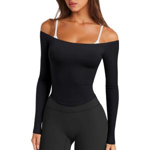 LASLULU Womens Sexy Off The Shoulder Long Sleeve Workout Tops Strapless T Shirts Crop Top Casual Fall Outfits (Small, Black)