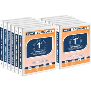 SUIN Economy 1-Inch 3-Ring-Binder, Customizable Clear View Cover, for US Letter Size 8-1/2 x 11'', Perfect for Office/School (White - 12 Packs)