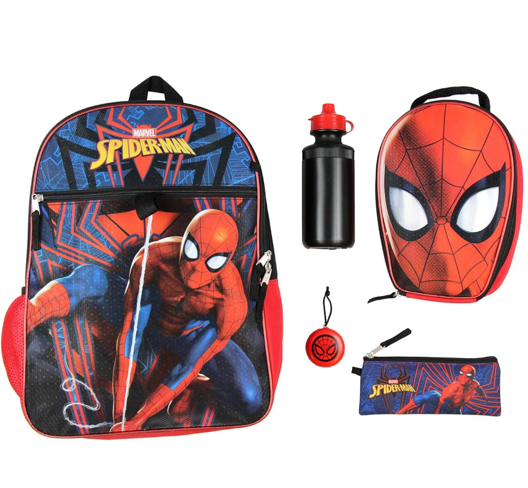 BIOWORLD Marvel Spider-Man Backpack Kids 16" 5PC Water Bottle School Combo Set