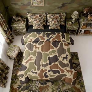 Erosebridal Deer Bear 7 Piece Bedding Set Twin Camo Comforter Set with Sheets Hound Turkey Wolf Army Print Bed in a Bag Brown Farmhouse Camouflage for Kids Boys Girls