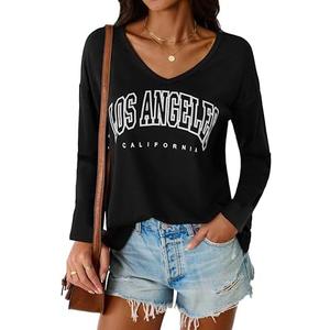 LilyCoco Womens Oversized Long Sleeve Shirt Graphic V Neck T Shirts Black X-Large and Large 2 Pack