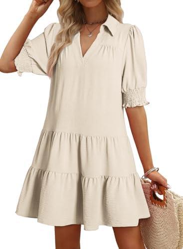 Dokotoo Casual Dresses for Women Lapel Collared V Neck Mid Sleeved Pleated Summer Dresses for Women 2025 Midi Dresses, S