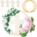 WATINC Gold Floral Hoop Metal Wreath with Standable Crosses and Fake Pink Roses, Standing Wooden Crosses Baptism Decoration for First Communion Baptism Craft Handmade Wedding Table Toppers Decor