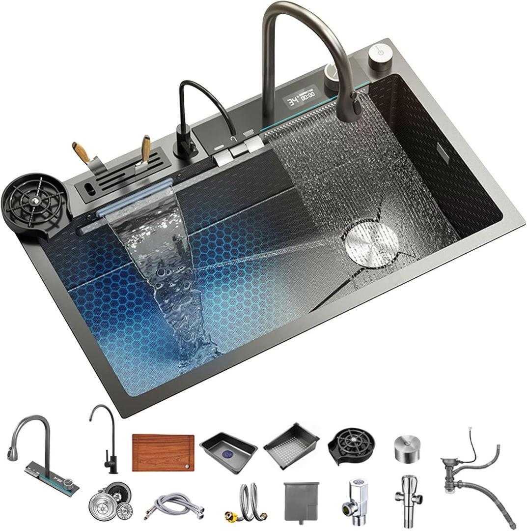 Kitchen Sink 304 Stainless Steel Single Bowl Kitchen Sinks, Digital Display Waterfall Sink, With Pull Down Sprayhead Faucet, With Pressurized Cup Washer and Two Waterfalls (31.5 x 18.1 inch) (Black)