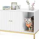 Feandrea Litter Box Enclosure, Modern Cat Litter Box Furniture Hidden, with Scratching Mat, Tall Legs, Cat House, Side End Table, 31.5 x 19.7 x 21.7 Inches, White and Gold UPCL007W01