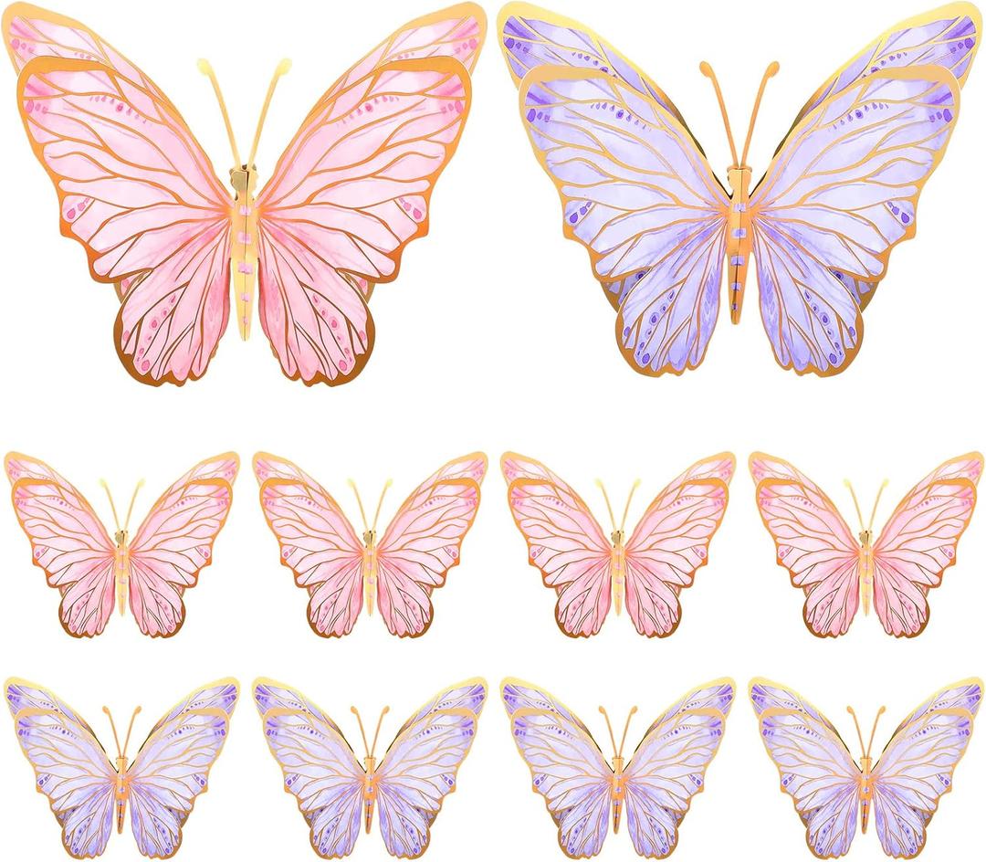 PerKoop 10 Pcs Large Butterfly Centerpieces for Tables Butterfly Party Decorations 3D Paper Table Toppers Centerpieces Wall Decor for Birthday Baby Shower Wedding Party Supplies (Pink, Purple)